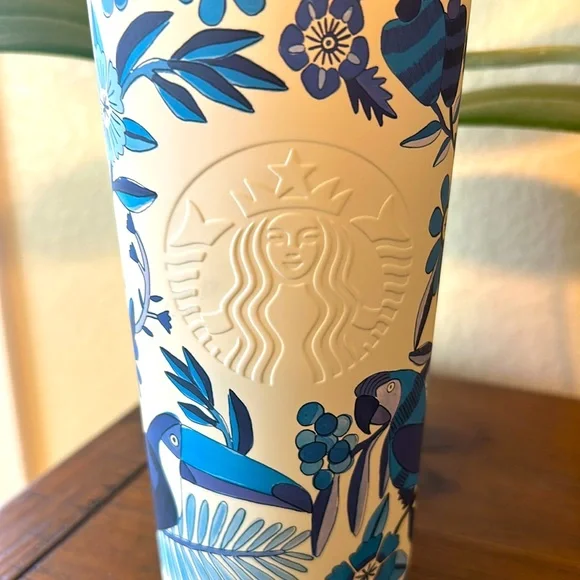 NWT Starbucks Farm Rio Limited Edition Blue & White Tropical Print Tumbl… - Picture 2 of 8